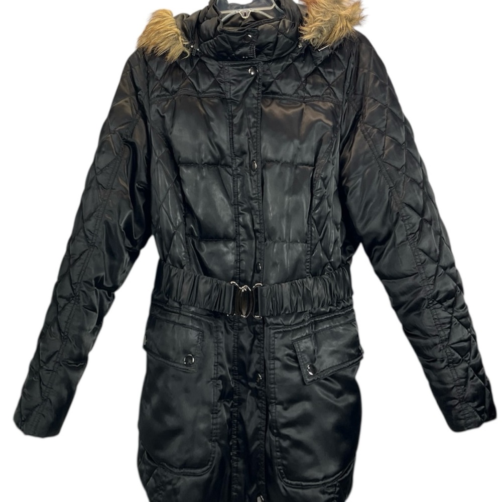 Lane Bryant Black Belted Puffer Coat Size 18/20 Faux Fur Hood Winter Jacket